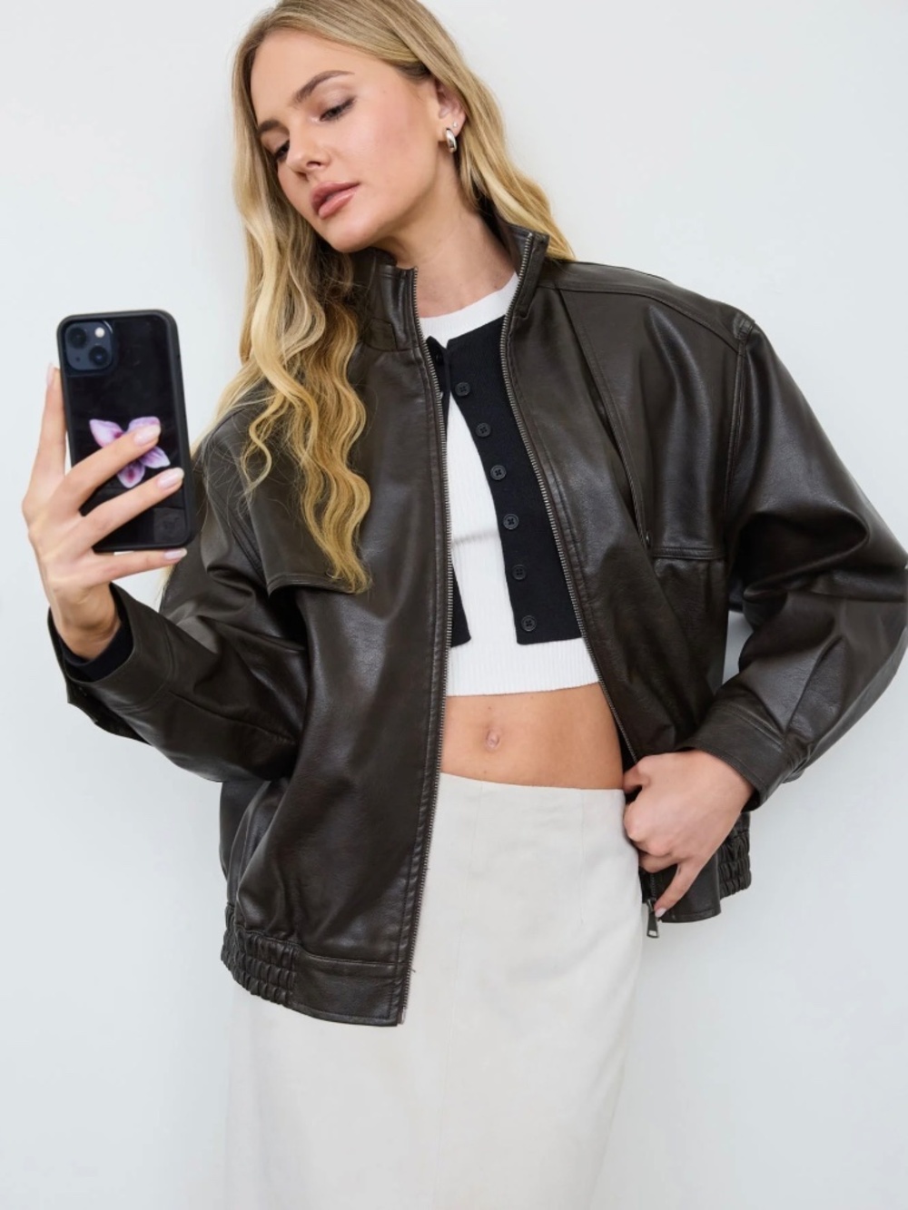 Bomber Faux Leather Jacket in Dark Brown Sm Med Lg